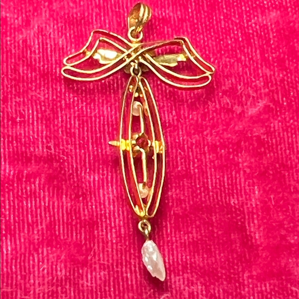 Antique Victorian Diamond Pearl 14k Solid Yellow Gold Lavalier Pendant - Picture 4 of 5